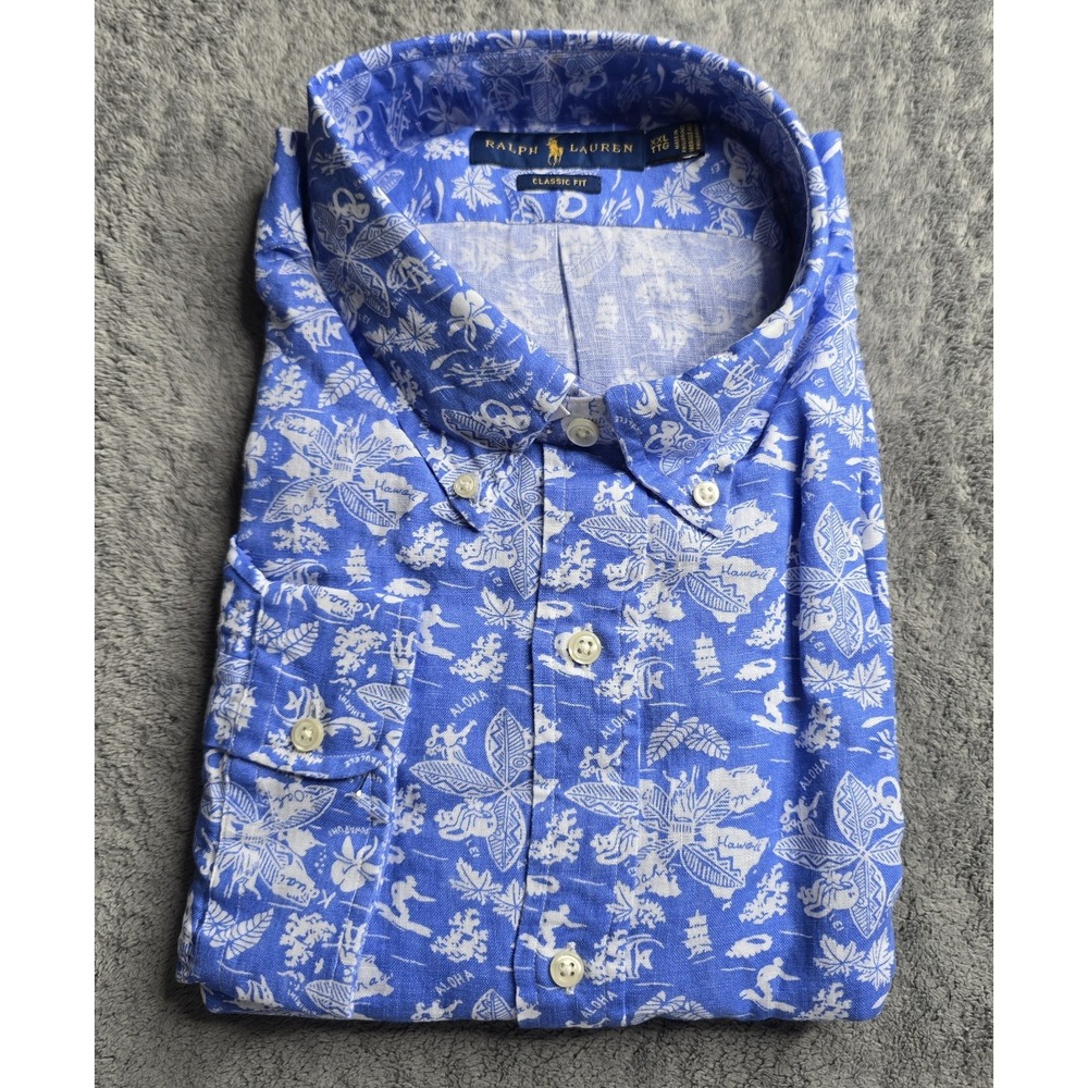 NWT Ralph Lauren Shirt Mens XXL Blue L/S Tropical Hawaiian 100% Linen